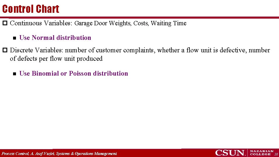 Control Chart p Continuous Variables: Garage Door Weights, Costs, Waiting Time n Use Normal