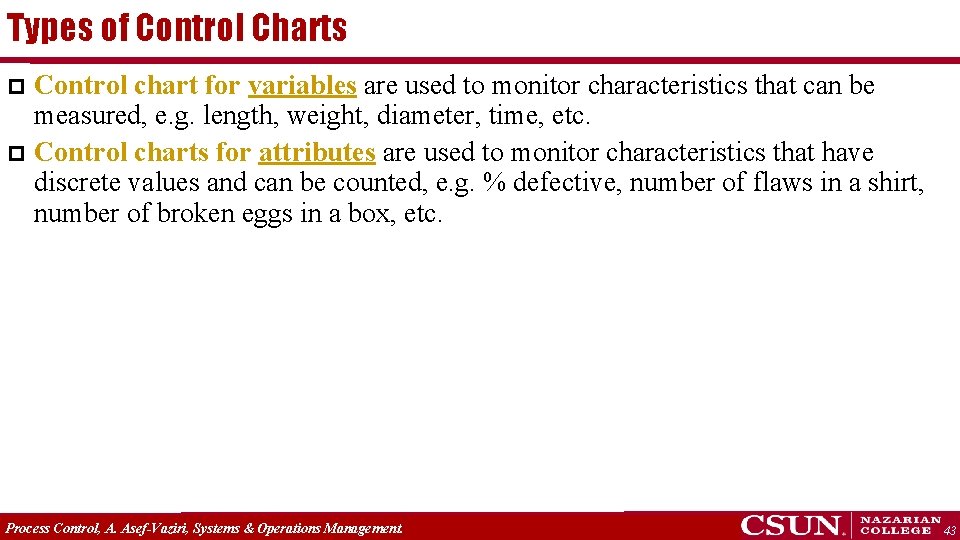 Types of Control Charts Control chart for variables are used to monitor characteristics that
