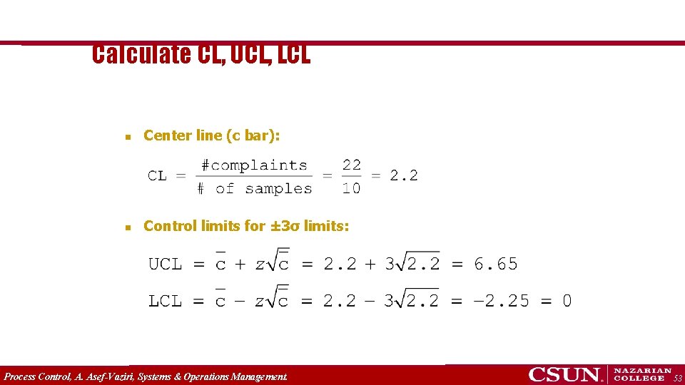 Calculate CL, UCL, LCL n Center line (c bar): n Control limits for ±