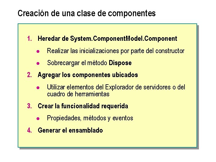 Creación de una clase de componentes 1. Heredar de System. Component. Model. Component l