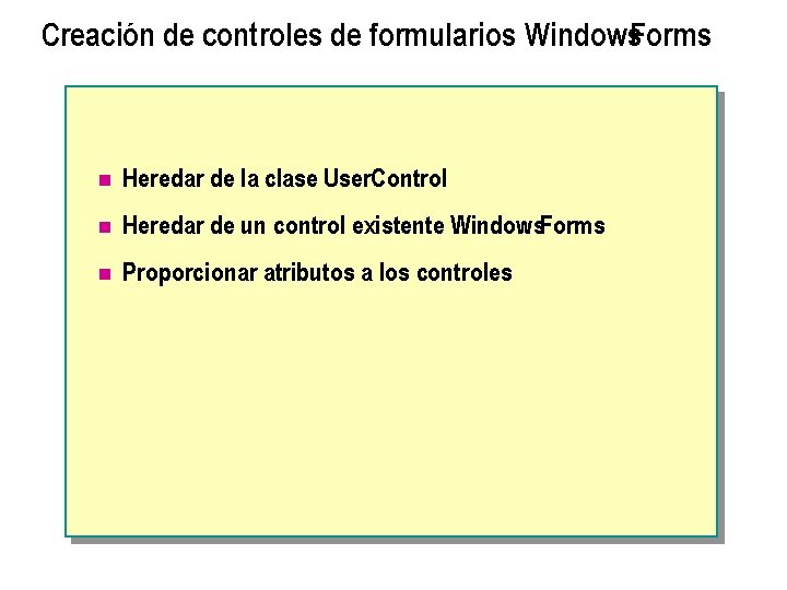 Creación de controles de formularios Windows. Forms n Heredar de la clase User. Control
