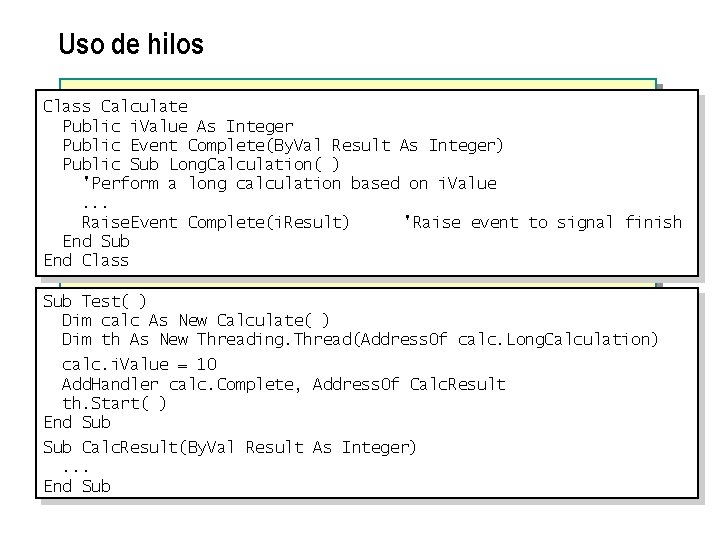 Uso de hilos Class Calculate Public i. Value As Integer Public Event Complete(By. Val