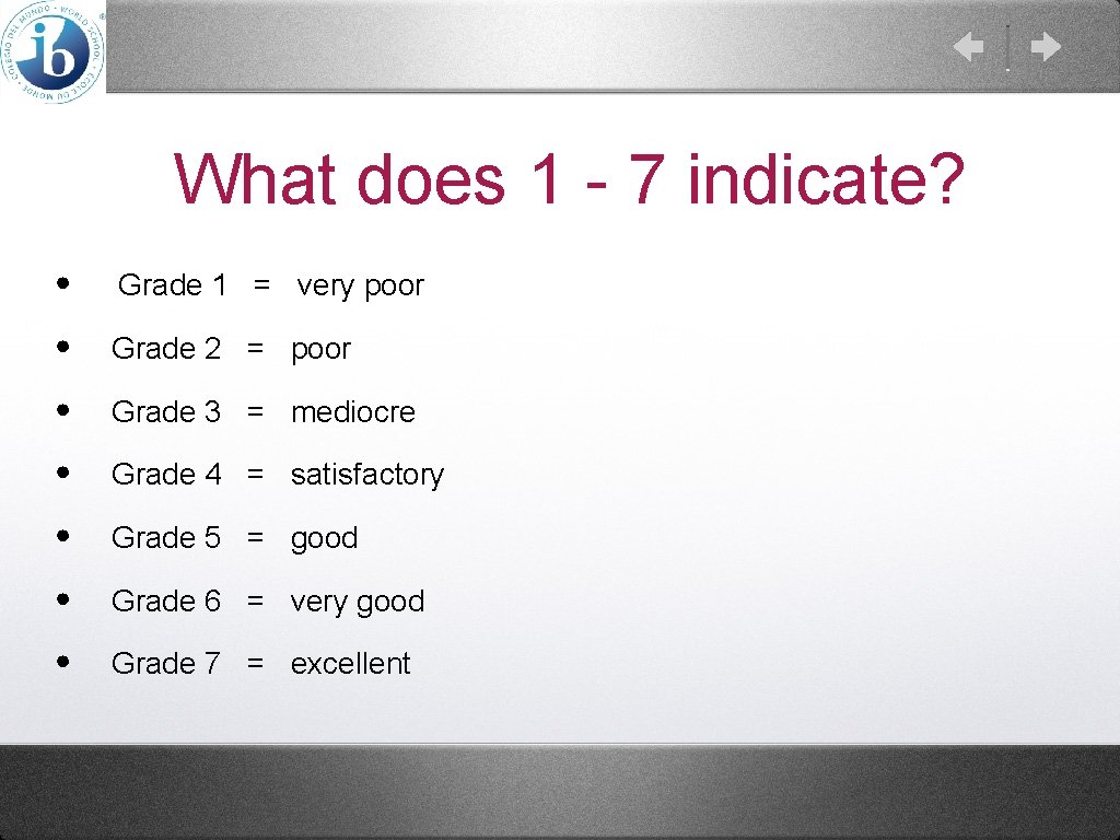 What does 1 - 7 indicate? • • Grade 1 = very poor Grade