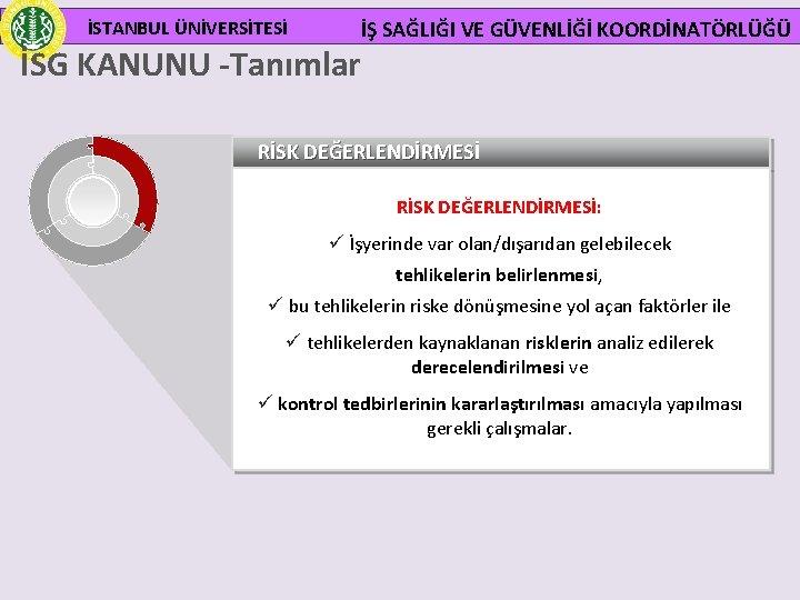 İSTANBUL ÜNİVERSİTESİ İŞ SAĞLIĞI VE GÜVENLİĞİ KOORDİNATÖRLÜĞÜ İSG KANUNU -Tanımlar RİSK DEĞERLENDİRMESİ: ü İşyerinde