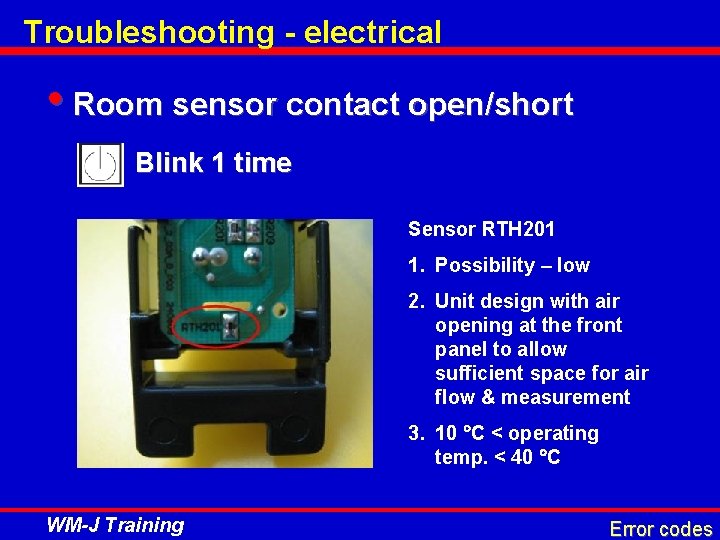 Troubleshooting - electrical • Room sensor contact open/short Blink 1 time Sensor RTH 201