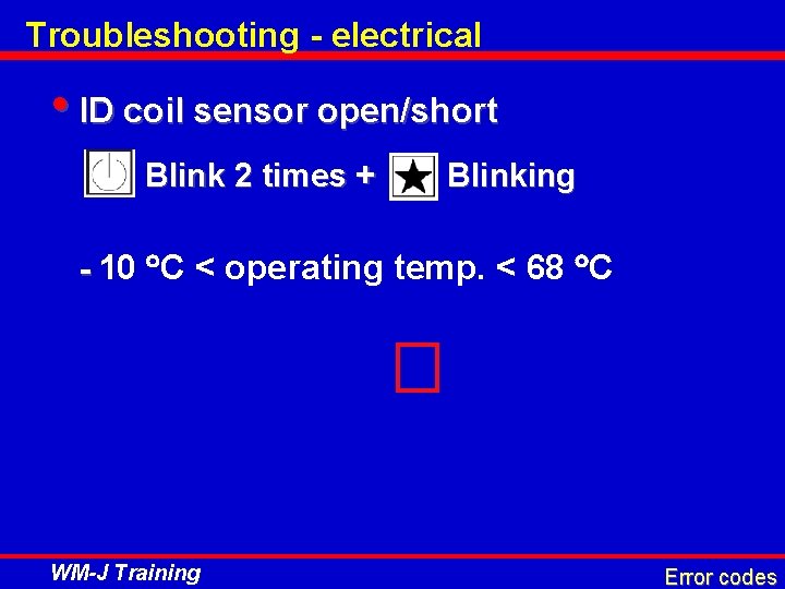 Troubleshooting - electrical • ID coil sensor open/short Blink 2 times + Blinking -
