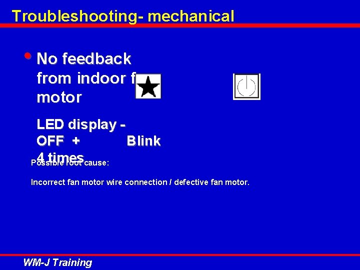 Troubleshooting- mechanical • No feedback from indoor fan motor LED display OFF + Blink