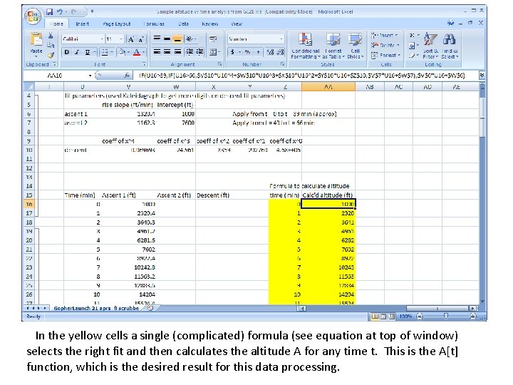 In the yellow cells a single (complicated) formula (see equation at top of window)