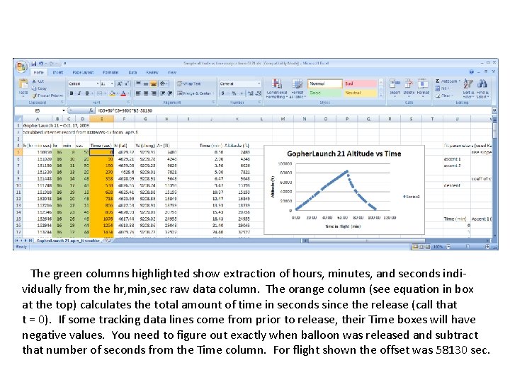 The green columns highlighted show extraction of hours, minutes, and seconds individually from the