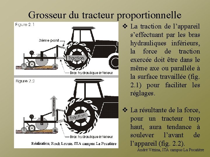 Grosseur du tracteur proportionnelle v La traction de l’appareil s’effectuant par les bras hydrauliques