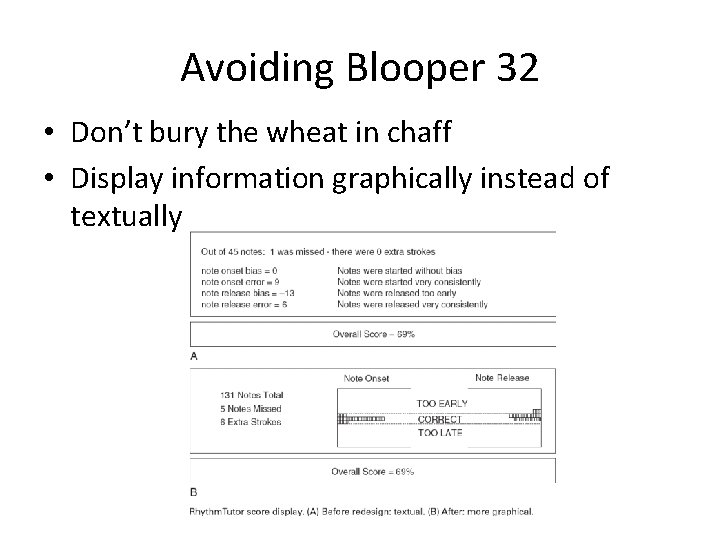 Avoiding Blooper 32 • Don’t bury the wheat in chaff • Display information graphically