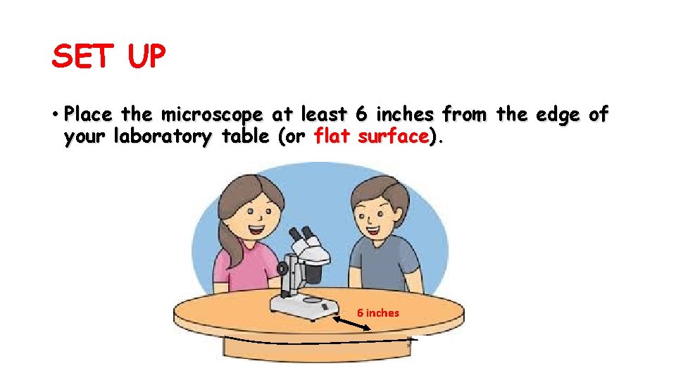 SET UP • Place the microscope at least 6 inches from the edge of