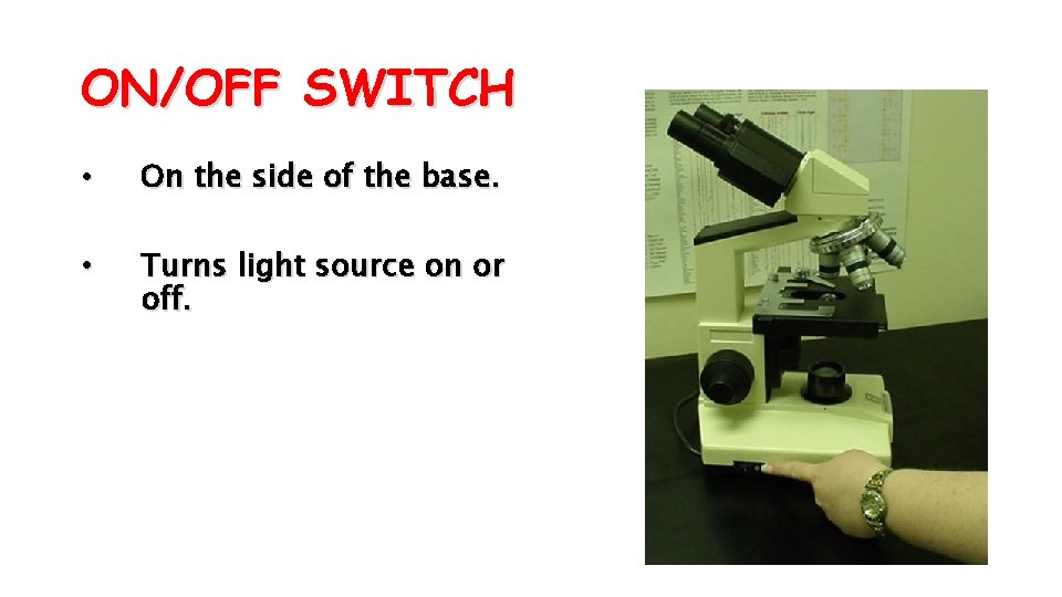 ON/OFF SWITCH • On the side of the base. • Turns light source on