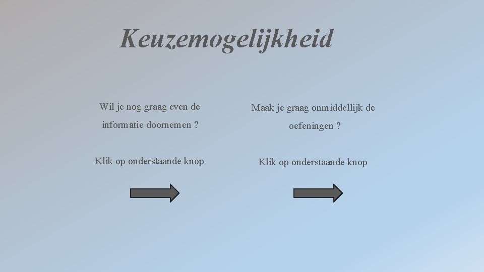 Keuzemogelijkheid Wil je nog graag even de Maak je graag onmiddellijk de informatie doornemen