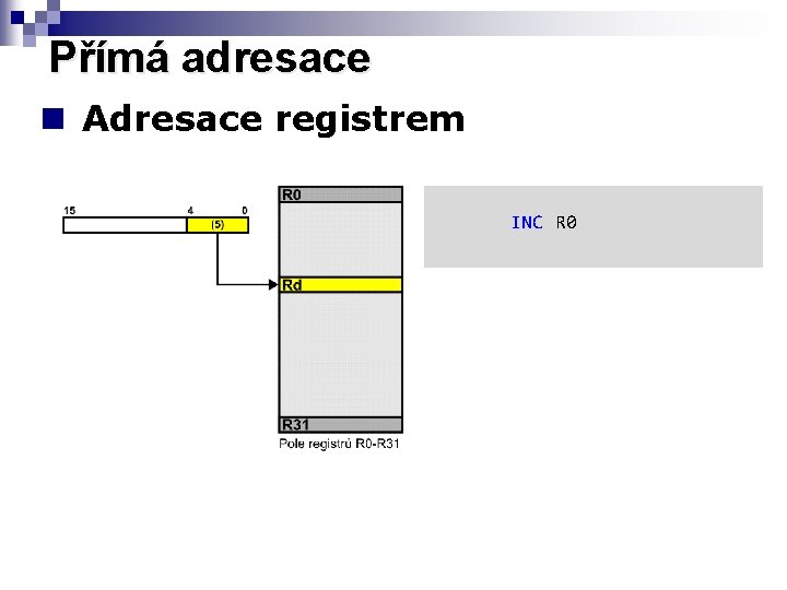 Přímá adresace n Adresace registrem INC R 0 