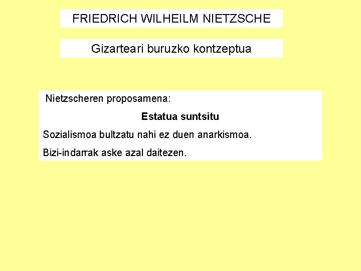 FRIEDRICH WILHEILM NIETZSCHE Gizarteari buruzko kontzeptua Nietzscheren proposamena: Estatua suntsitu Sozialismoa bultzatu nahi ez