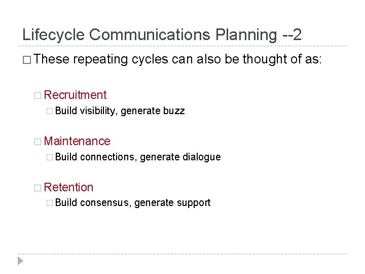 Lifecycle Communications Planning --2 � These repeating cycles can also be thought of as: