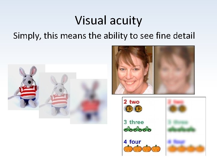 Visual acuity Simply, this means the ability to see fine detail 