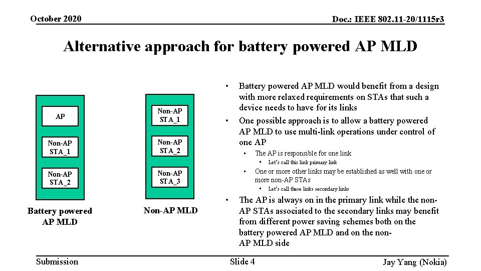 October 2020 Doc. : IEEE 802. 11 -20/1115 r 3 Alternative approach for battery