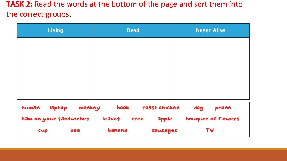 TASK 2: Read the words at the bottom of the page and sort them