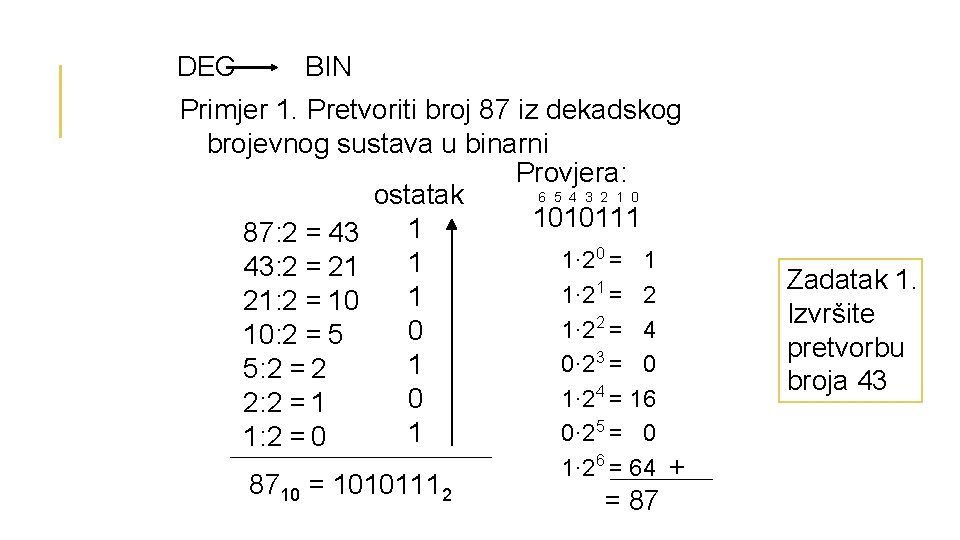 DEC BIN Primjer 1. Pretvoriti broj 87 iz dekadskog brojevnog sustava u binarni Provjera:
