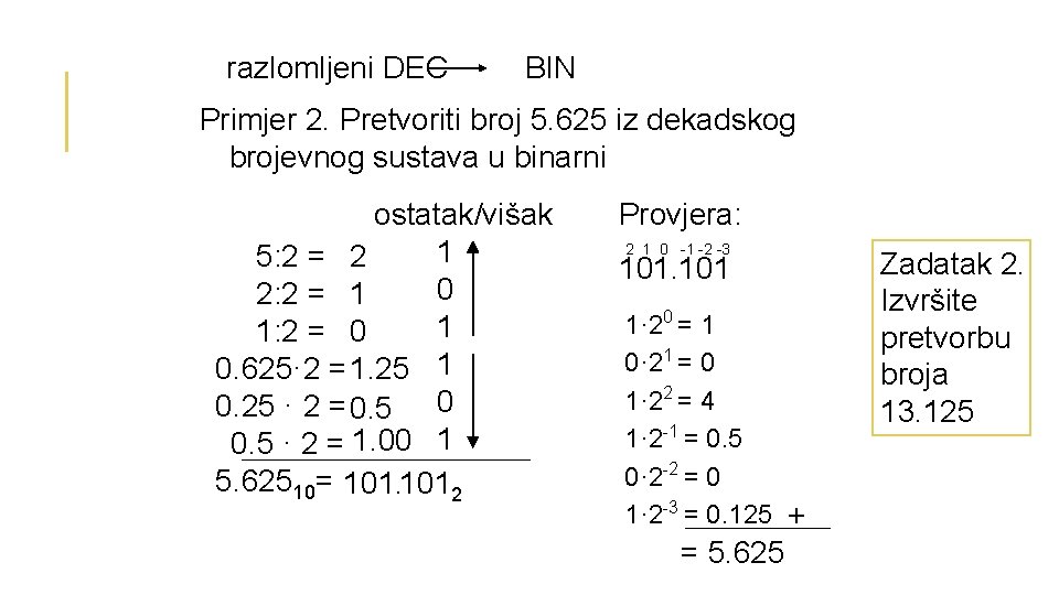 razlomljeni DEC BIN Primjer 2. Pretvoriti broj 5. 625 iz dekadskog brojevnog sustava u