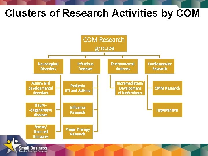 Clusters of Research Activities by COM Research groups Neurological Disorders Infectious Diseases Autism and