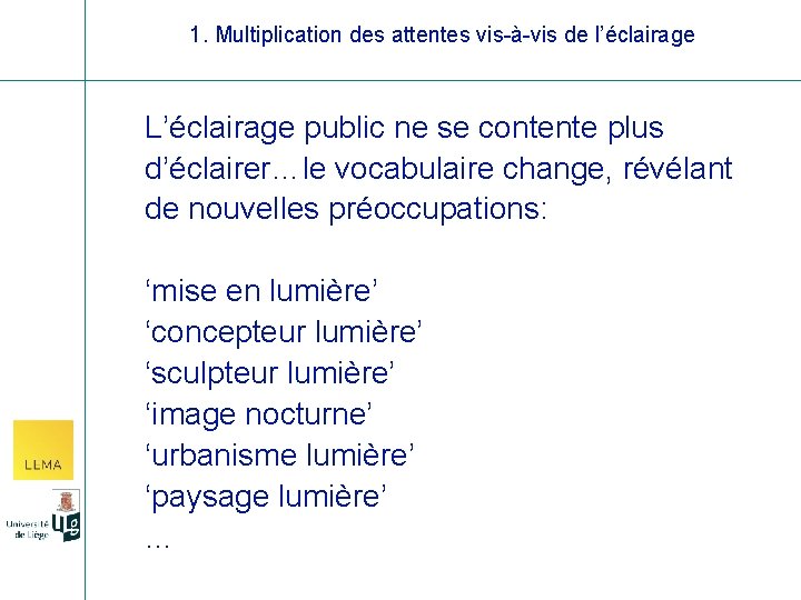 1. Multiplication des attentes vis-à-vis de l’éclairage L’éclairage public ne se contente plus d’éclairer…le