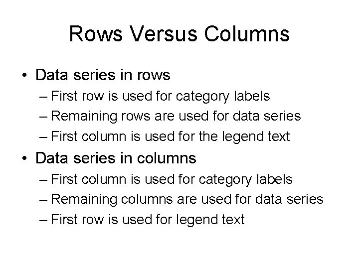 Rows Versus Columns • Data series in rows – First row is used for