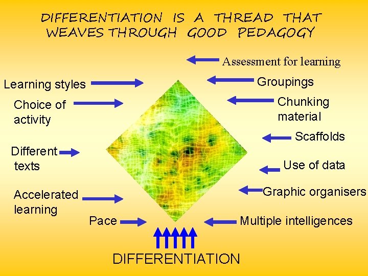 DIFFERENTIATION IS A THREAD THAT WEAVES THROUGH GOOD PEDAGOGY Assessment for learning Groupings Learning