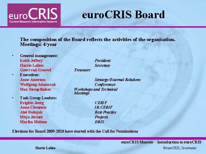 euro. CRIS Board The composition of the Board reflects the activities of the organisation.