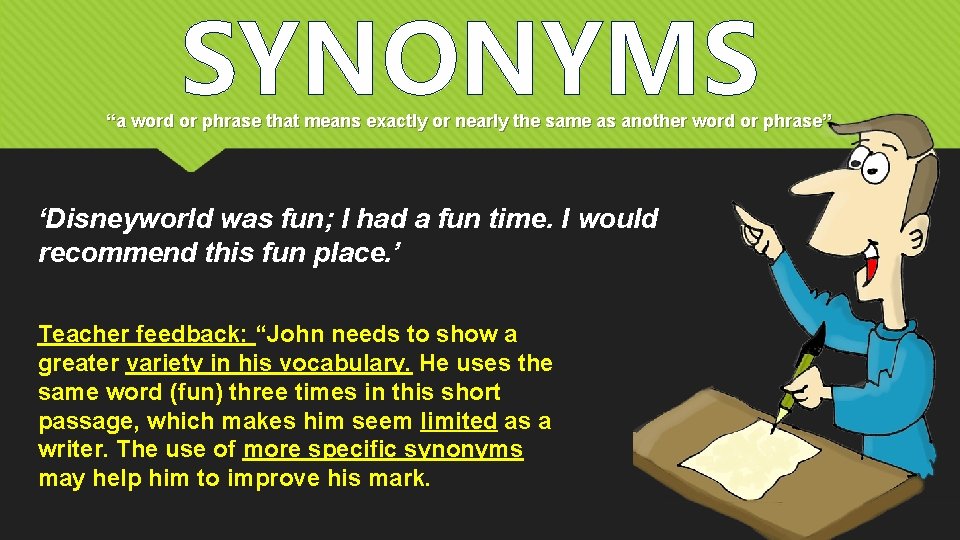 SYNONYMS “a word or phrase that means exactly or nearly the same as another