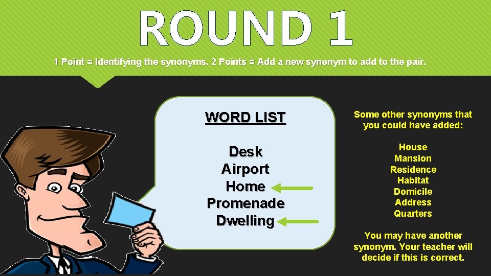 ROUND 1 1 Point = Identifying the synonyms. 2 Points = Add a new