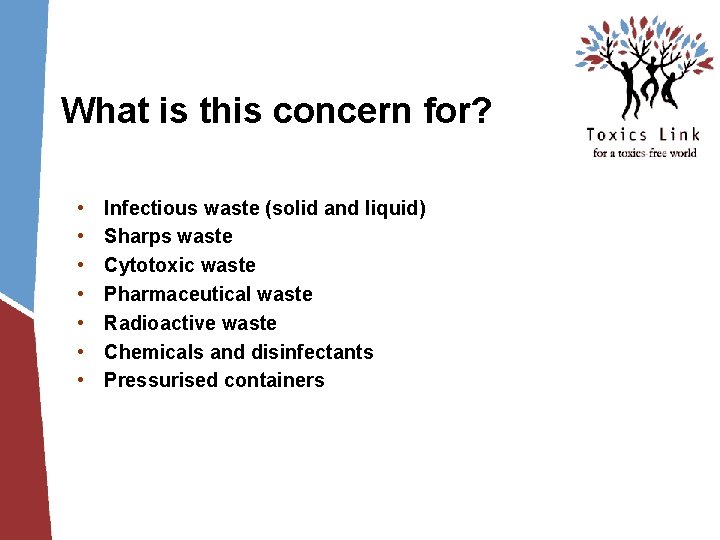 What is this concern for? • • Infectious waste (solid and liquid) Sharps waste What is this concern for? • • Infectious waste (solid and liquid) Sharps waste