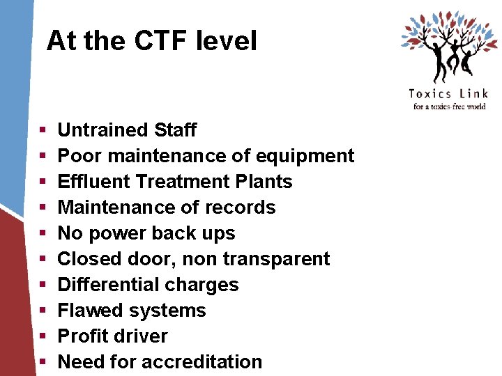 At the CTF level § § § § § Untrained Staff Poor maintenance of At the CTF level § § § § § Untrained Staff Poor maintenance of