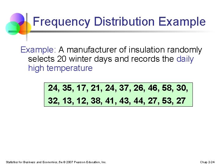 Frequency Distribution Example: A manufacturer of insulation randomly selects 20 winter days and records