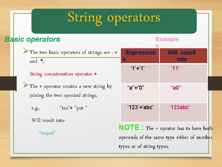 String operators Basic operators ØThe two basic operators of strings are : + and String operators Basic operators ØThe two basic operators of strings are : + and