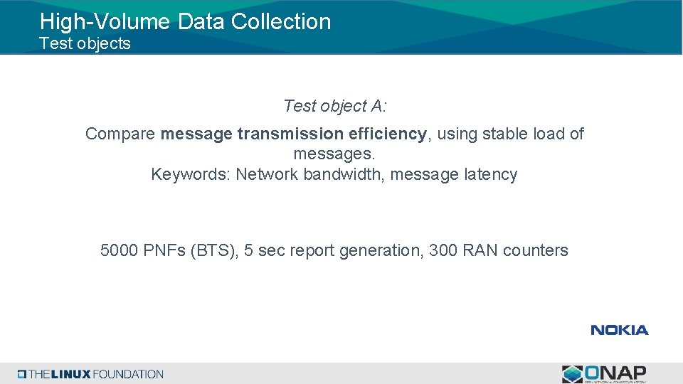 High-Volume Data Collection Test objects Test object A: Compare message transmission efficiency, using stable