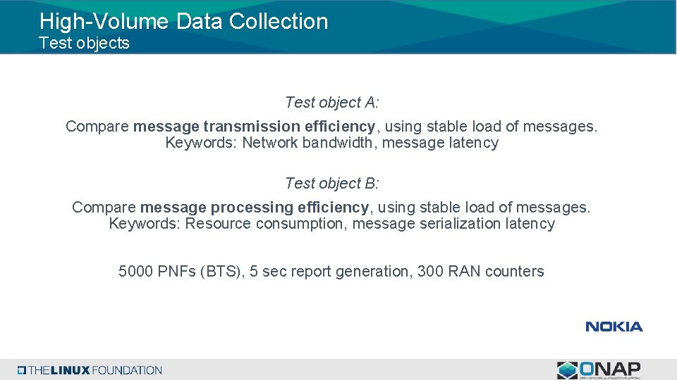High-Volume Data Collection Test objects Test object A: Compare message transmission efficiency, using stable