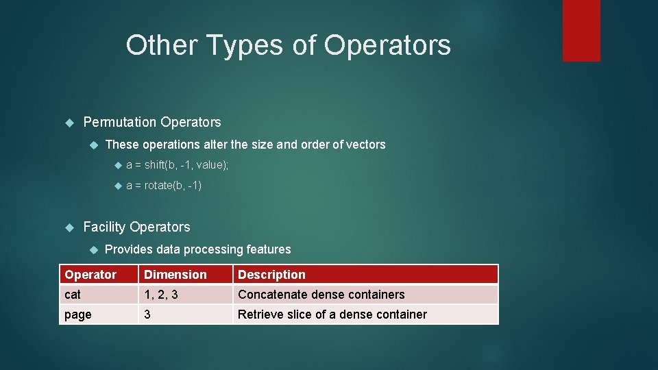 Other Types of Operators Permutation Operators These operations alter the size and order of