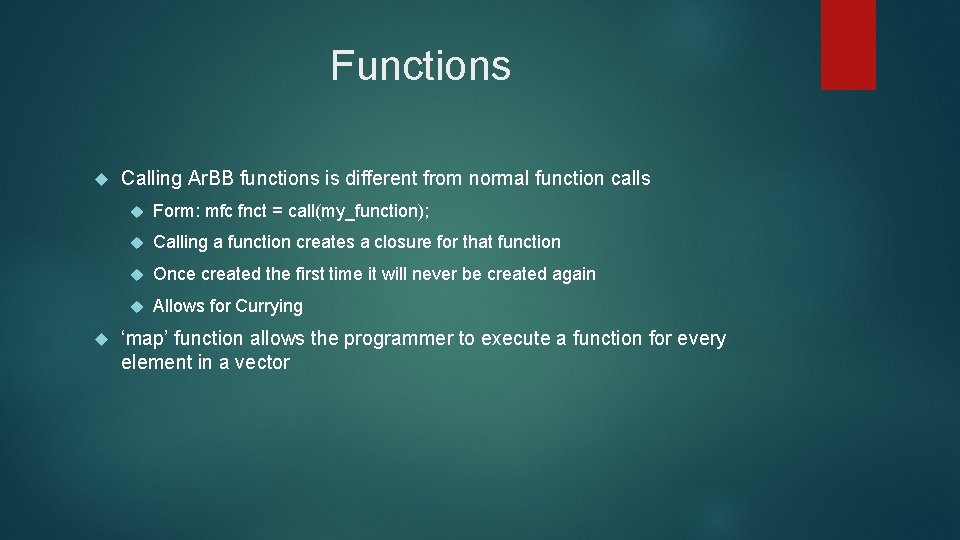 Functions Calling Ar. BB functions is different from normal function calls Form: mfc fnct