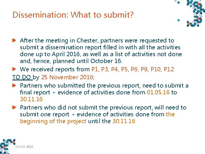 Dissemination: What to submit? After the meeting in Chester, partners were requested to submit