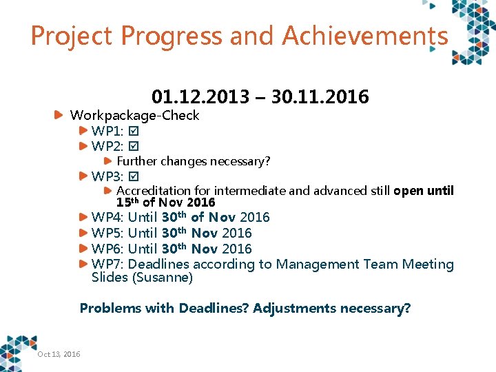 Project Progress and Achievements 01. 12. 2013 – 30. 11. 2016 Workpackage-Check WP 1: