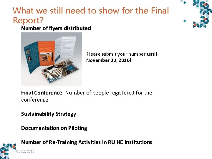 What we still need to show for the Final Report? Number of flyers distributed