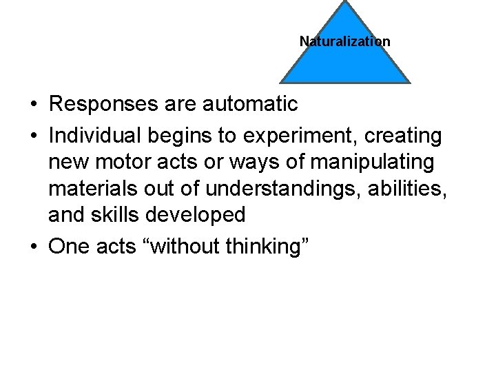 Naturalization • Responses are automatic • Individual begins to experiment, creating new motor acts