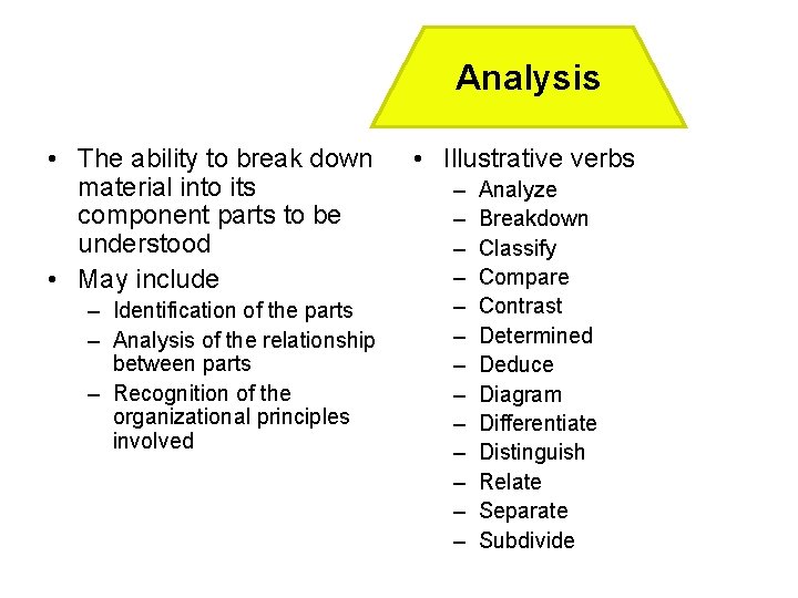 Analysis • The ability to break down material into its component parts to be