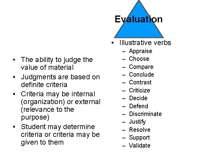 Evaluation • Illustrative verbs • The ability to judge the value of material •