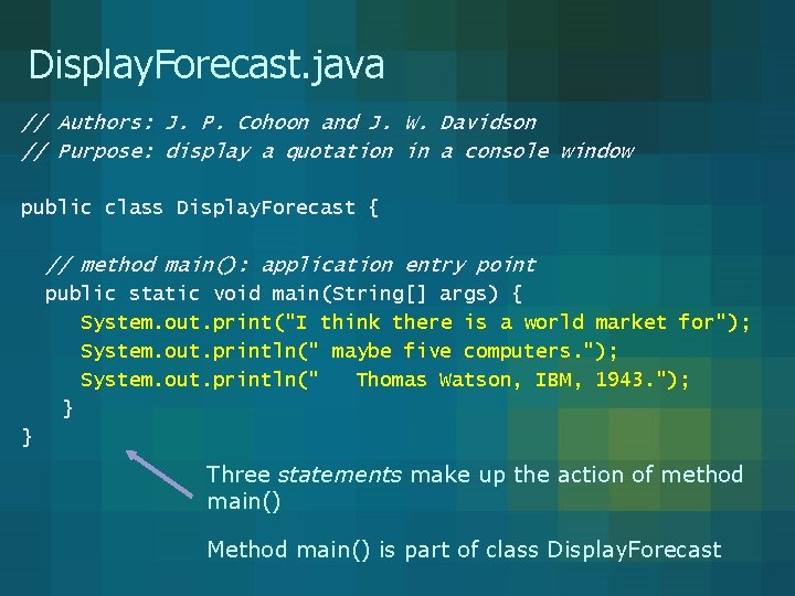 Display. Forecast. java // Authors: J. P. Cohoon and J. W. Davidson // Purpose: