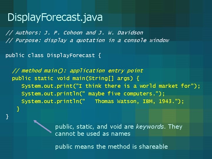 Display. Forecast. java // Authors: J. P. Cohoon and J. W. Davidson // Purpose:
