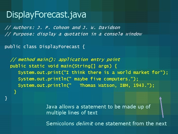 Display. Forecast. java // Authors: J. P. Cohoon and J. W. Davidson // Purpose: